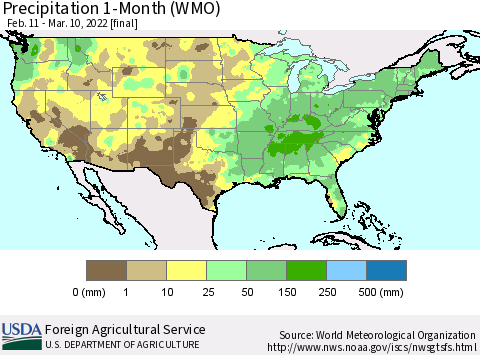 United States Precipitation 1-Month (WMO) Thematic Map For 2/11/2022 - 3/10/2022