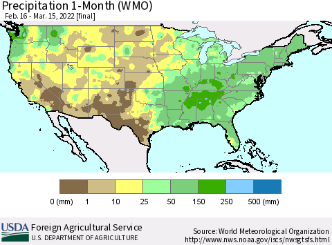 United States Precipitation 1-Month (WMO) Thematic Map For 2/16/2022 - 3/15/2022