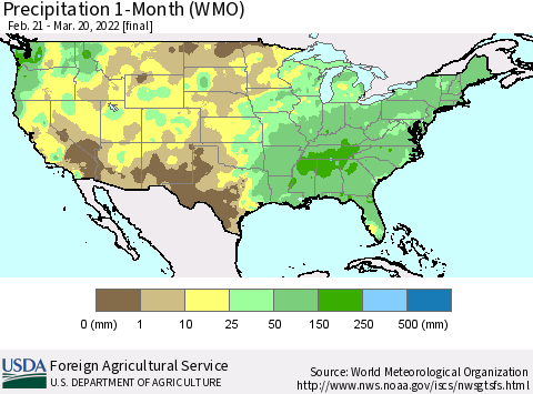 United States Precipitation 1-Month (WMO) Thematic Map For 2/21/2022 - 3/20/2022