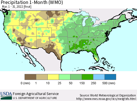United States Precipitation 1-Month (WMO) Thematic Map For 3/1/2022 - 3/31/2022