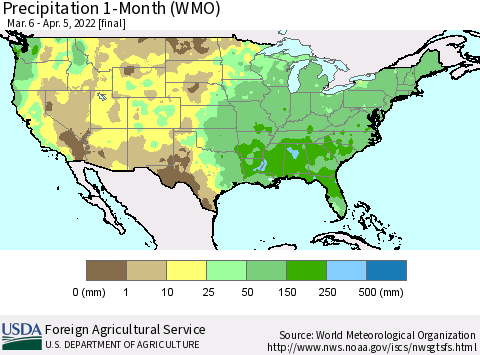 United States Precipitation 1-Month (WMO) Thematic Map For 3/6/2022 - 4/5/2022