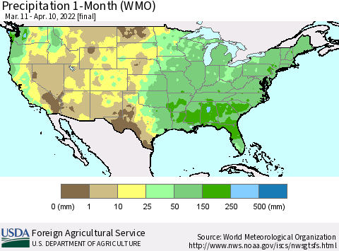United States Precipitation 1-Month (WMO) Thematic Map For 3/11/2022 - 4/10/2022