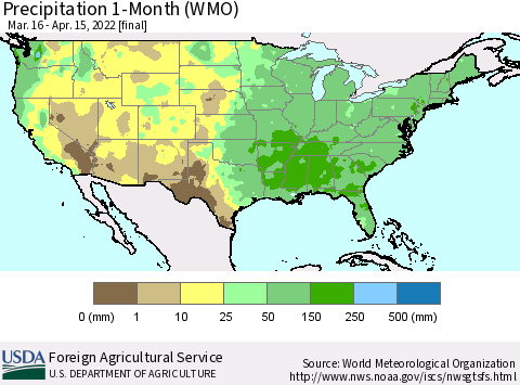 United States Precipitation 1-Month (WMO) Thematic Map For 3/16/2022 - 4/15/2022