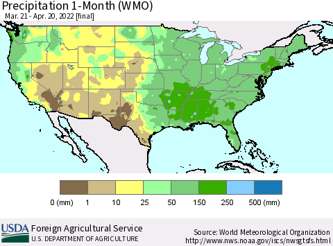 United States Precipitation 1-Month (WMO) Thematic Map For 3/21/2022 - 4/20/2022