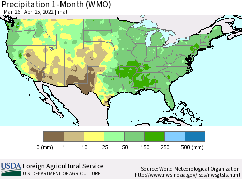 United States Precipitation 1-Month (WMO) Thematic Map For 3/26/2022 - 4/25/2022