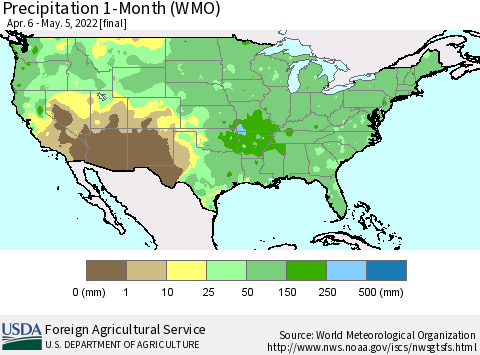 United States Precipitation 1-Month (WMO) Thematic Map For 4/6/2022 - 5/5/2022