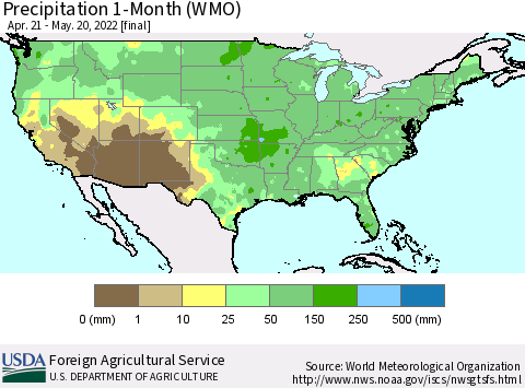 United States Precipitation 1-Month (WMO) Thematic Map For 4/21/2022 - 5/20/2022