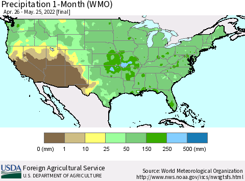 United States Precipitation 1-Month (WMO) Thematic Map For 4/26/2022 - 5/25/2022