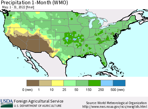 United States Precipitation 1-Month (WMO) Thematic Map For 5/1/2022 - 5/31/2022