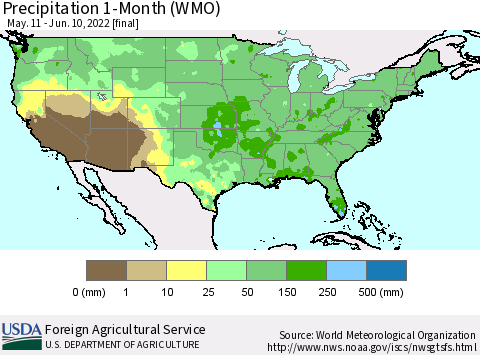 United States Precipitation 1-Month (WMO) Thematic Map For 5/11/2022 - 6/10/2022