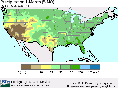 United States Precipitation 1-Month (WMO) Thematic Map For 6/6/2022 - 7/5/2022