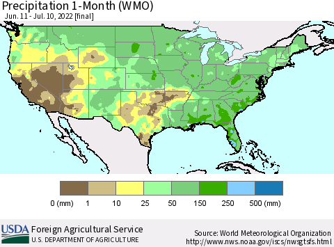 United States Precipitation 1-Month (WMO) Thematic Map For 6/11/2022 - 7/10/2022