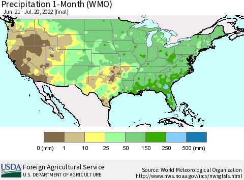 United States Precipitation 1-Month (WMO) Thematic Map For 6/21/2022 - 7/20/2022