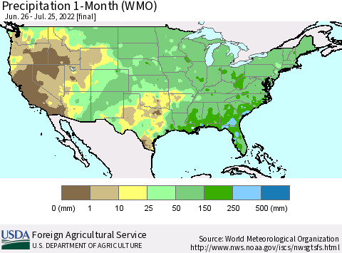 United States Precipitation 1-Month (WMO) Thematic Map For 6/26/2022 - 7/25/2022