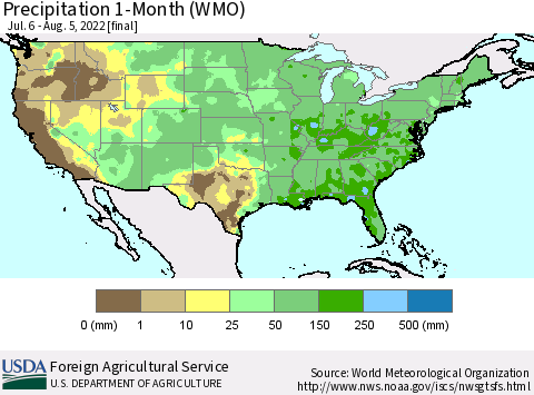 United States Precipitation 1-Month (WMO) Thematic Map For 7/6/2022 - 8/5/2022
