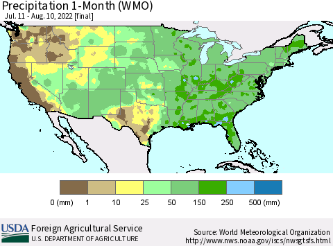 United States Precipitation 1-Month (WMO) Thematic Map For 7/11/2022 - 8/10/2022