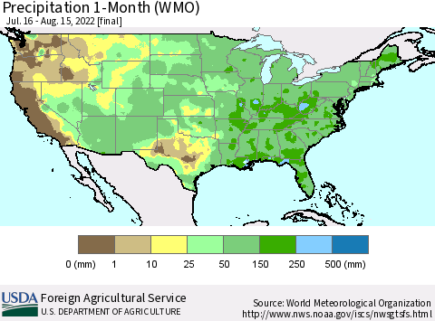 United States Precipitation 1-Month (WMO) Thematic Map For 7/16/2022 - 8/15/2022