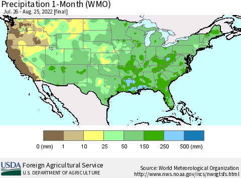 United States Precipitation 1-Month (WMO) Thematic Map For 7/26/2022 - 8/25/2022
