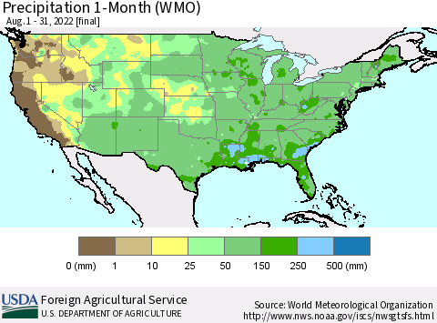 United States Precipitation 1-Month (WMO) Thematic Map For 8/1/2022 - 8/31/2022