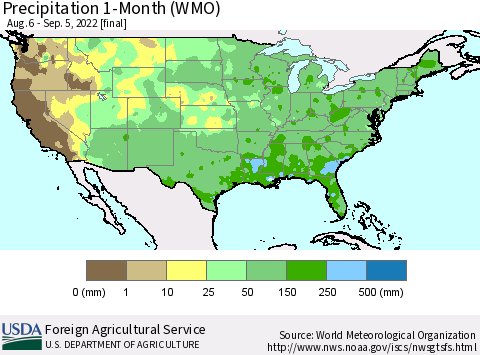 United States Precipitation 1-Month (WMO) Thematic Map For 8/6/2022 - 9/5/2022