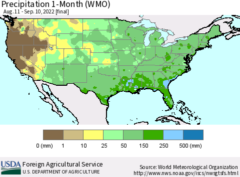 United States Precipitation 1-Month (WMO) Thematic Map For 8/11/2022 - 9/10/2022