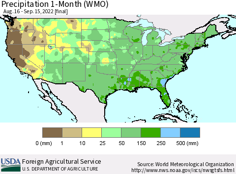 United States Precipitation 1-Month (WMO) Thematic Map For 8/16/2022 - 9/15/2022
