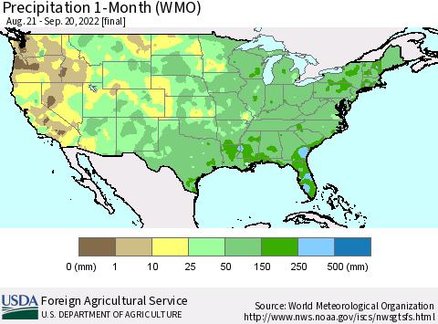 United States Precipitation 1-Month (WMO) Thematic Map For 8/21/2022 - 9/20/2022