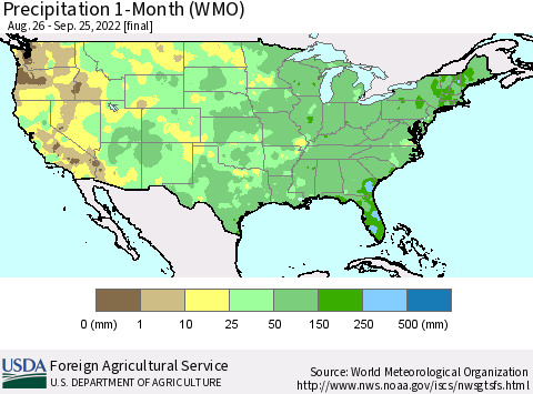 United States Precipitation 1-Month (WMO) Thematic Map For 8/26/2022 - 9/25/2022