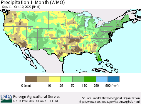 United States Precipitation 1-Month (WMO) Thematic Map For 9/11/2022 - 10/10/2022
