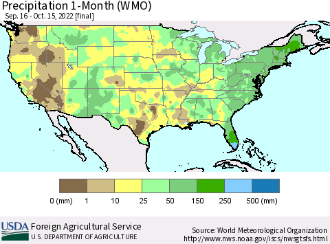 United States Precipitation 1-Month (WMO) Thematic Map For 9/16/2022 - 10/15/2022