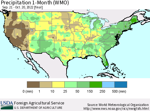 United States Precipitation 1-Month (WMO) Thematic Map For 9/21/2022 - 10/20/2022