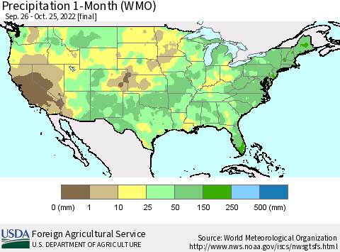 United States Precipitation 1-Month (WMO) Thematic Map For 9/26/2022 - 10/25/2022