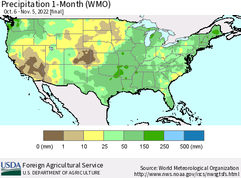 United States Precipitation 1-Month (WMO) Thematic Map For 10/6/2022 - 11/5/2022