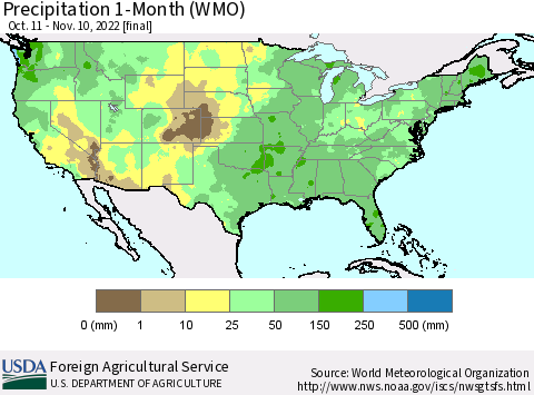 United States Precipitation 1-Month (WMO) Thematic Map For 10/11/2022 - 11/10/2022