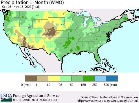 United States Precipitation 1-Month (WMO) Thematic Map For 10/16/2022 - 11/15/2022