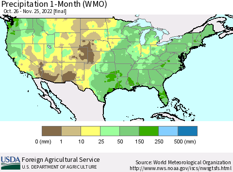 United States Precipitation 1-Month (WMO) Thematic Map For 10/26/2022 - 11/25/2022
