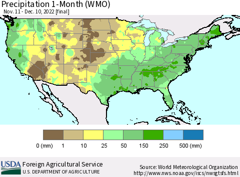 United States Precipitation 1-Month (WMO) Thematic Map For 11/11/2022 - 12/10/2022