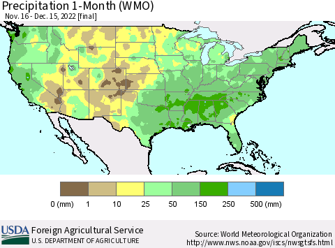 United States Precipitation 1-Month (WMO) Thematic Map For 11/16/2022 - 12/15/2022