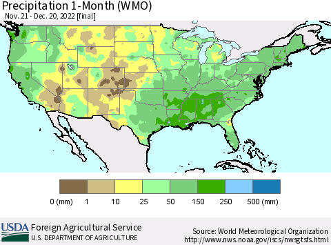 United States Precipitation 1-Month (WMO) Thematic Map For 11/21/2022 - 12/20/2022