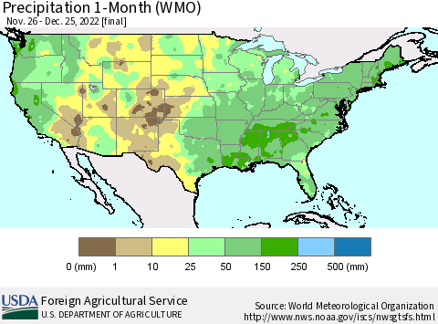 United States Precipitation 1-Month (WMO) Thematic Map For 11/26/2022 - 12/25/2022