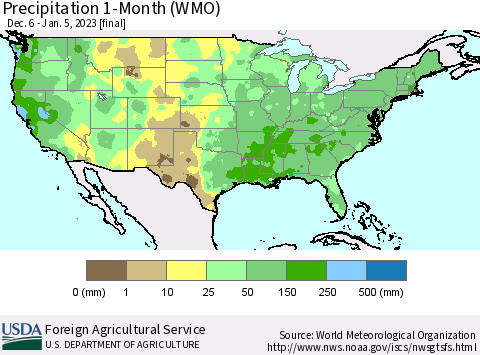 United States Precipitation 1-Month (WMO) Thematic Map For 12/6/2022 - 1/5/2023