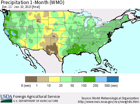 United States Precipitation 1-Month (WMO) Thematic Map For 12/11/2022 - 1/10/2023