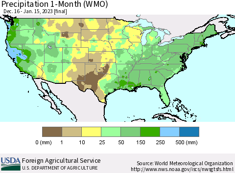 United States Precipitation 1-Month (WMO) Thematic Map For 12/16/2022 - 1/15/2023