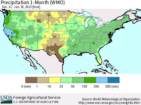 United States Precipitation 1-Month (WMO) Thematic Map For 12/21/2022 - 1/20/2023