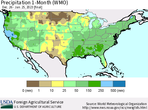 United States Precipitation 1-Month (WMO) Thematic Map For 12/26/2022 - 1/25/2023