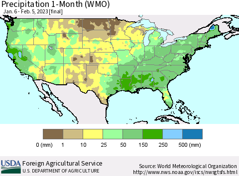 United States Precipitation 1-Month (WMO) Thematic Map For 1/6/2023 - 2/5/2023