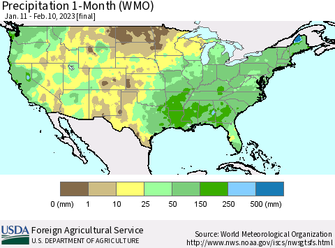 United States Precipitation 1-Month (WMO) Thematic Map For 1/11/2023 - 2/10/2023