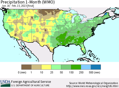 United States Precipitation 1-Month (WMO) Thematic Map For 1/16/2023 - 2/15/2023