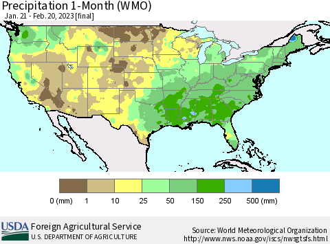 United States Precipitation 1-Month (WMO) Thematic Map For 1/21/2023 - 2/20/2023