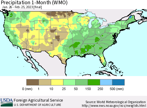 United States Precipitation 1-Month (WMO) Thematic Map For 1/26/2023 - 2/25/2023